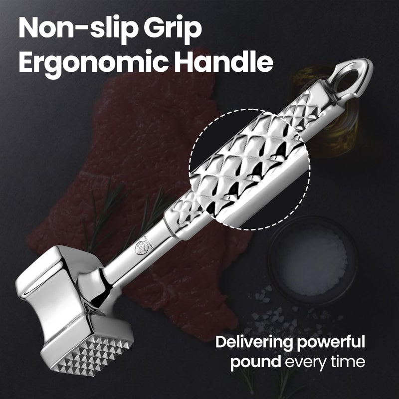 Gourmet Easy Stainless Steel Meat Tenderizer Tool, Premium Meat Mallet with Non-Slip Grip, Dual-sided Kitchen Mallet Ideal for Tenderizing Steak, Poultry & Chicken Cutlet, Dishwasher Safe with Lifetime Replacement - Image 5